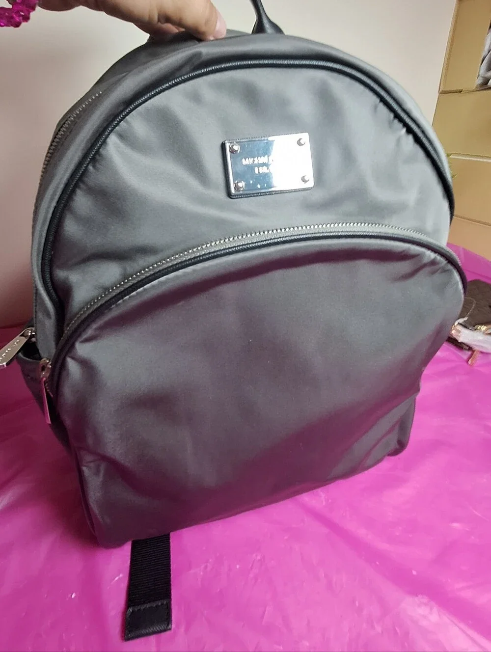 Michael Kors Gray Nylon Backpack with Silver Plate